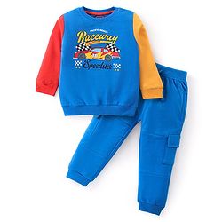 Babyhug Terry Knit Full Sleeves T-Shirt and Lounge Pant Set with Racing Car Print -  Blue