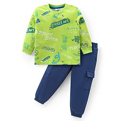 Babyhug Cotton Knit Full Sleeves T-Shirt & Lounge Pants Set With Street Art Print - Green & Blue