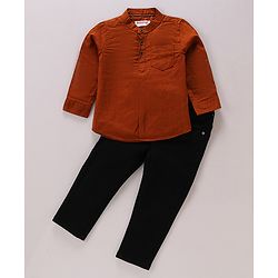 Babyhug Cotton Woven Full Sleeves Mandarin Collared Solid Kurta Shirt & Denim Jeans Set - Brown & Black