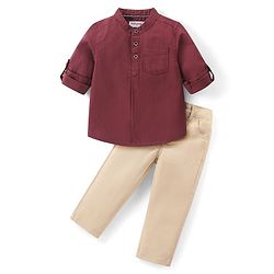 Babyhug Cotton Woven Full Sleeves Mandarin Collared Solid Kurta Shirt & Lounge Pants Set - Maroon & Beige