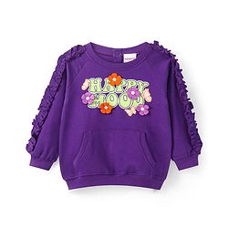 Babyhug Cotton Knit Full Raglan Sleeves Sweatshirt With Text Graphics Floral Applique & Kangaroo Pockets - Purple