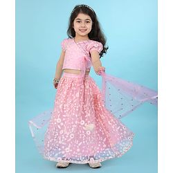 Babyhug Woven Short Sleeves Net Sequinned Floral Embroidered Choli Lehenga & Dupatta Set - Pink