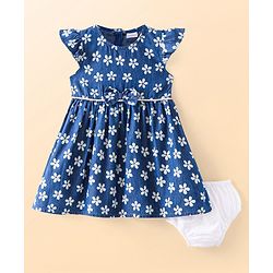 Babyhug Cotton Woven Frill Sleeves Frock With Floral Print Bow & Bloomer - Light Blue