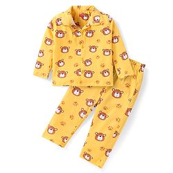Babyhug Cotton Knit Full Sleeves Teddy Bear Printed Night Suit - Yellow