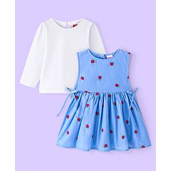 Babyhug Cotton Knit Full Sleeves Top with Frock Floral Embroidery - Blue