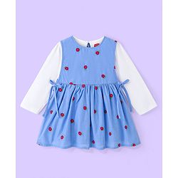 Babyhug Cotton Knit Full Sleeves Top with Frock Floral Embroidery - Blue