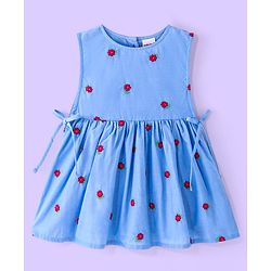 Babyhug Cotton Knit Full Sleeves Top with Frock Floral Embroidery - Blue