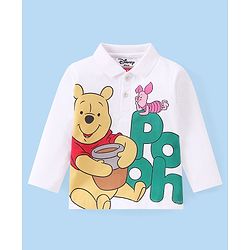 Babyhug Disney Cotton Knit Full Sleeve Polo T-Shirt With Winnie the Pooh Print - White