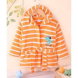 Babyhug Cotton Knit Full Sleeves Striped Hooded  Bathrobe with Dino Embroidery - Orange
