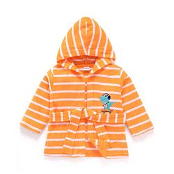Babyhug Cotton Knit Full Sleeves Striped Hooded  Bathrobe with Dino Embroidery - Orange