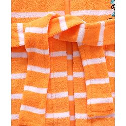 Babyhug Cotton Knit Full Sleeves Striped Hooded  Bathrobe with Dino Embroidery - Orange
