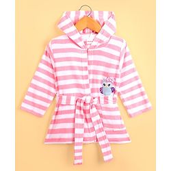 Babyhug Cotton Knit Full Sleeves Striped Hooded  Bathrobe with Owl Embroidery - White & Pink