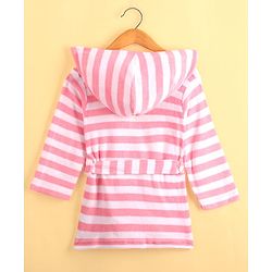 Babyhug Cotton Knit Full Sleeves Striped Hooded  Bathrobe with Owl Embroidery - White & Pink