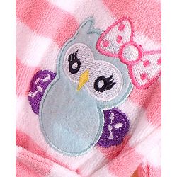 Babyhug Cotton Knit Full Sleeves Striped Hooded  Bathrobe with Owl Embroidery - White & Pink