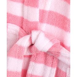 Babyhug Cotton Knit Full Sleeves Striped Hooded  Bathrobe with Owl Embroidery - White & Pink