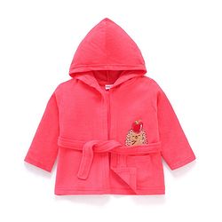 Babyhug Full Sleeves Cotton Knit Hooded Bath Robe  Animal Embroidery with Pocket - Red
