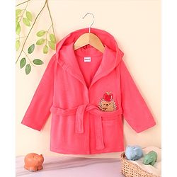 Babyhug Full Sleeves Cotton Knit Hooded Bath Robe  Animal Embroidery with Pocket - Red