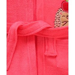 Babyhug Full Sleeves Cotton Knit Hooded Bath Robe  Animal Embroidery with Pocket - Red