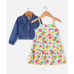 Babyhug Cotton Knit Denim Full Sleeves Jacket With Frock Floral Print - White Pink & Yellow