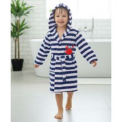 Babyhug Cotton Knit Full Sleeves Hooded Bathrobe with Crab Embroidery - White & Blue