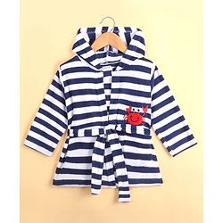 Babyhug Cotton Knit Full Sleeves Hooded Bathrobe with Crab Embroidery - White & Blue
