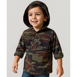 Babyhug Cotton Woven Full Sleeves Hooded Camouflage Printed Shirt - Dark Green