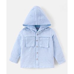 Babyhug Cotton seersucker Woven Full Sleeves Hooded Shirt with Stripes Design - Sky Blue