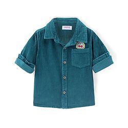 Babyhug Cotton corduroy Woven Full Sleeves Solid Corduroy Shirt With Badge Detailing - Teal Blue