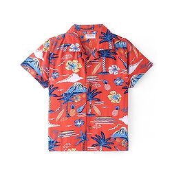 Babyhug Cotton Viscose Woven Half Sleeves Beach Theme Printed Shirt - Red