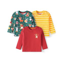 Babyhug Cotton Knit Full Sleeves T-Shirts with Animal Print & Stripes Pack of 3 - Red Green & Yellow