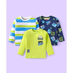 Babyhug Cotton Knit Full Sleeves T-Shirts with Stripes & Super Print Pack of 3 - Blue & Green