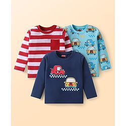 Babyhug Cotton Knit Full Sleeves T-Shirts With Vehicle Print Pack of 3 - Navy Blue Red & Light Blue