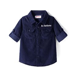 Babyhug Cotton Woven Full Sleeves Solid Corduroy Shirt with Text Embroidered - Navy Blue