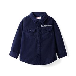 Babyhug Cotton Woven Full Sleeves Solid Corduroy Shirt with Text Embroidered - Navy Blue