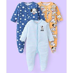 Babyhug Disney Cotton Knit Full Sleeves Sleepsuits With 101 Dalmatians & Lion King Graphics Pack Of 3 - Light Blue Orange & Blue