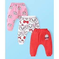 Babyhug Disney Full Length Interlock Diaper Leggings With Aristocats Marie Graphics Pack of 3 - White Pink & Red