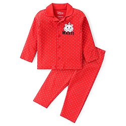 Babyhug Disney Cotton Knit Full Sleeves Front Open Night Suit With Polka Dots & Aristocats Marie Print - Red
