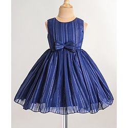 Babyhug Woven Sleeveless Fit & Flared Striped Party Frock with Bow Detailing - Blue