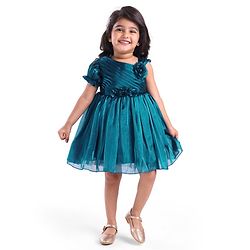 Babyhug  Woven One Shoulder  Sleeves Party Frock with Floral Applique  - Teal Blue