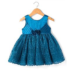Babyhug Woven Sleeveless  Sequined Embroidered Party Frock with Pleats & Floral Detailing - Teal Blue