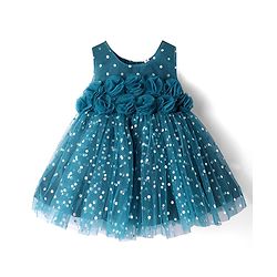 Babyhug Woven Sleeveless Fit & Flared Textured Foil Printed Party Dress with Floral Applique - Teal Blue