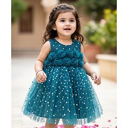 Babyhug Woven Sleeveless Fit & Flared Textured Foil Printed Party Dress with Floral Applique - Teal Blue
