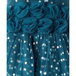 Babyhug Woven Sleeveless Fit & Flared Textured Foil Printed Party Dress with Floral Applique - Teal Blue