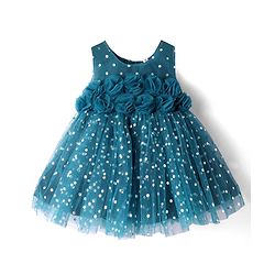 Babyhug Woven Sleeveless Fit & Flared Textured Foil Printed Party Dress with Floral Applique - Teal Blue