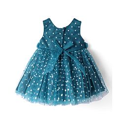 Babyhug Woven Sleeveless Fit & Flared Textured Foil Printed Party Dress with Floral Applique - Teal Blue