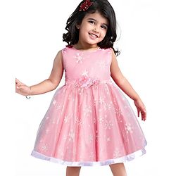 Babyhug Woven Sleeveless Fit & Flared Party Frock with Snowflake Foil Print  - Light Red