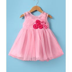 Babyhug Woven Sleeveless Fit & Flared Party Dress with Floral Applique - Pink