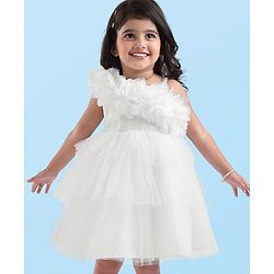 Babyhug Woven Sleeveless Party Frock With Floral Corsage & Ruffle Details - White