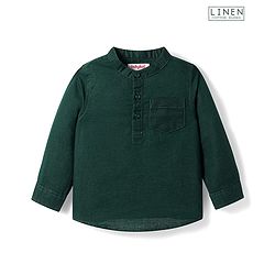 Babyhug Linen Full Sleeves Mandarin Collar Solid Colour Kurta Style Shirt - Dark Green