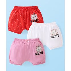 Babyhug Disney Cotton Knit Aristocats Marie Graphic & Bow Detailing Bloomers Pack of 3 - White Red & Pink